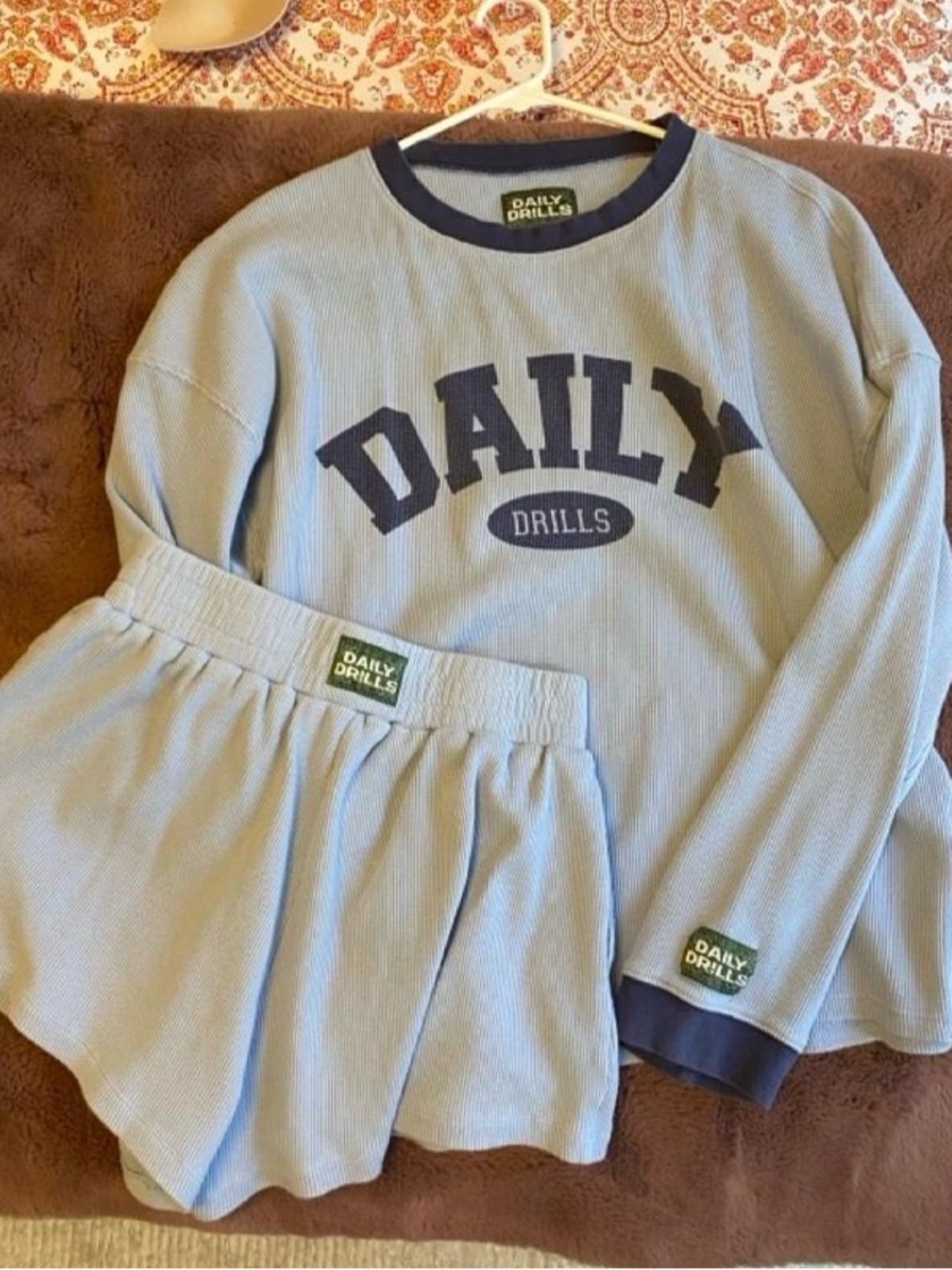 Daily Drills Light Blue Ribbed Top & Shorts Set with Navy Trim